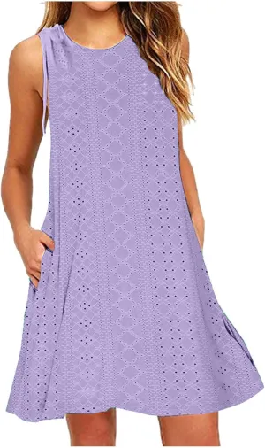 Beach Vacation Clothes for Women Breathable Round Neck Hollow Sleeveless Dress Cute Knee Length Sundresses