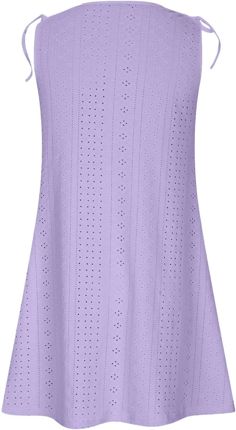 Beach Vacation Clothes for Women Breathable Round Neck Hollow Sleeveless Dress Cute Knee Length Sundresses