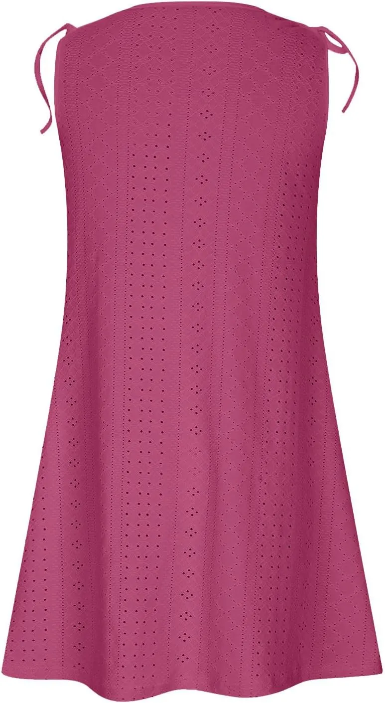 Beach Vacation Clothes for Women Breathable Round Neck Hollow Sleeveless Dress Cute Knee Length Sundresses