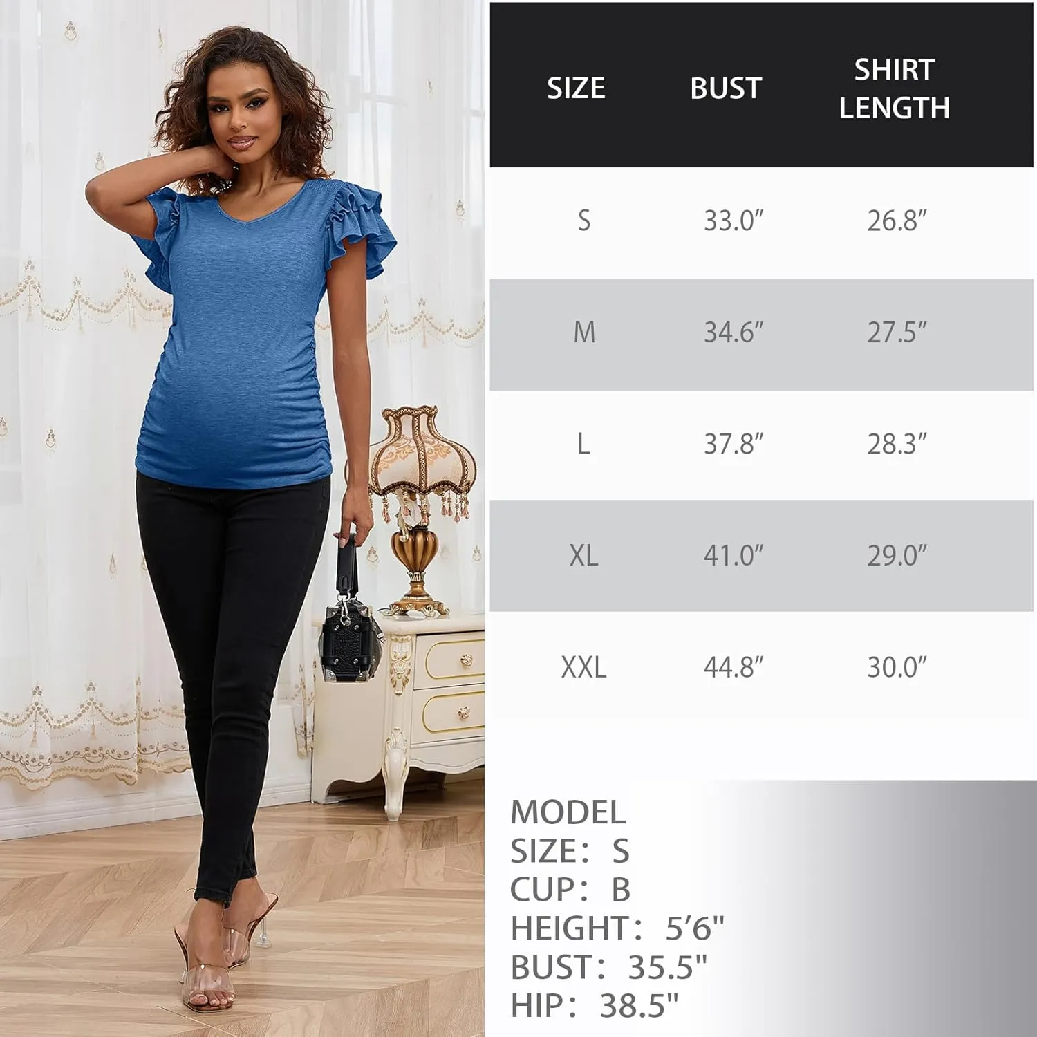 Bhome Maternity Summer Ruffle Tops,Casual Frilled V-Neck Short Sleeve Fitted Blouse Shirts Trendy for Women