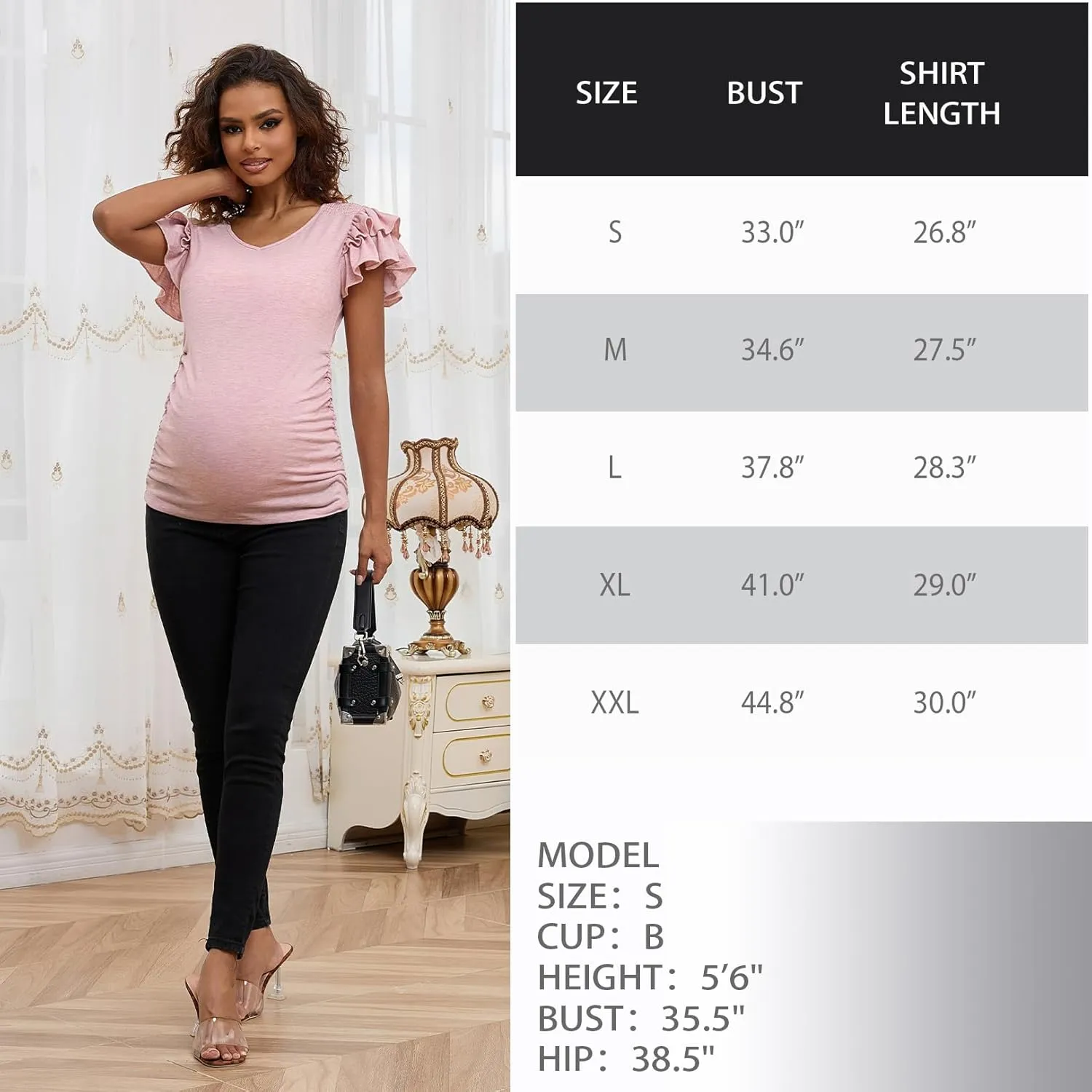 Bhome Maternity Summer Ruffle Tops,Casual Frilled V-Neck Short Sleeve Fitted Blouse Shirts Trendy for Women