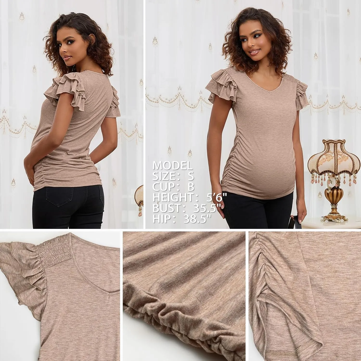 Bhome Maternity Summer Ruffle Tops,Casual Frilled V-Neck Short Sleeve Fitted Blouse Shirts Trendy for Women