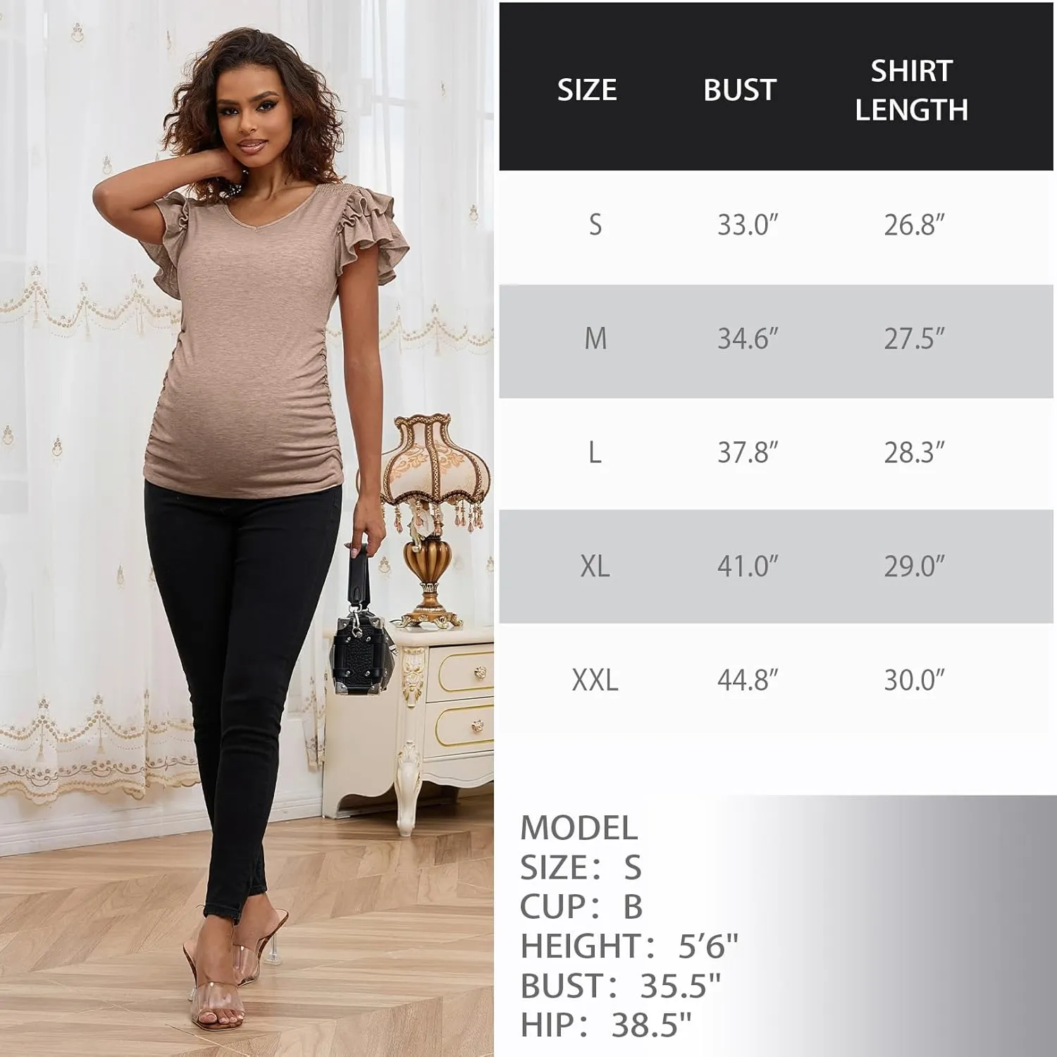 Bhome Maternity Summer Ruffle Tops,Casual Frilled V-Neck Short Sleeve Fitted Blouse Shirts Trendy for Women