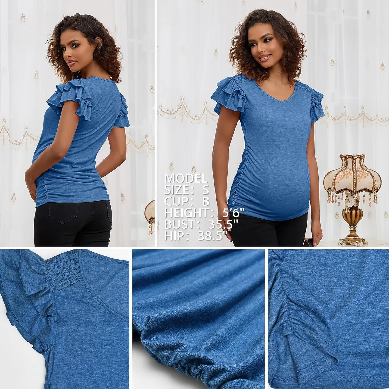 Bhome Maternity Summer Ruffle Tops,Casual Frilled V-Neck Short Sleeve Fitted Blouse Shirts Trendy for Women