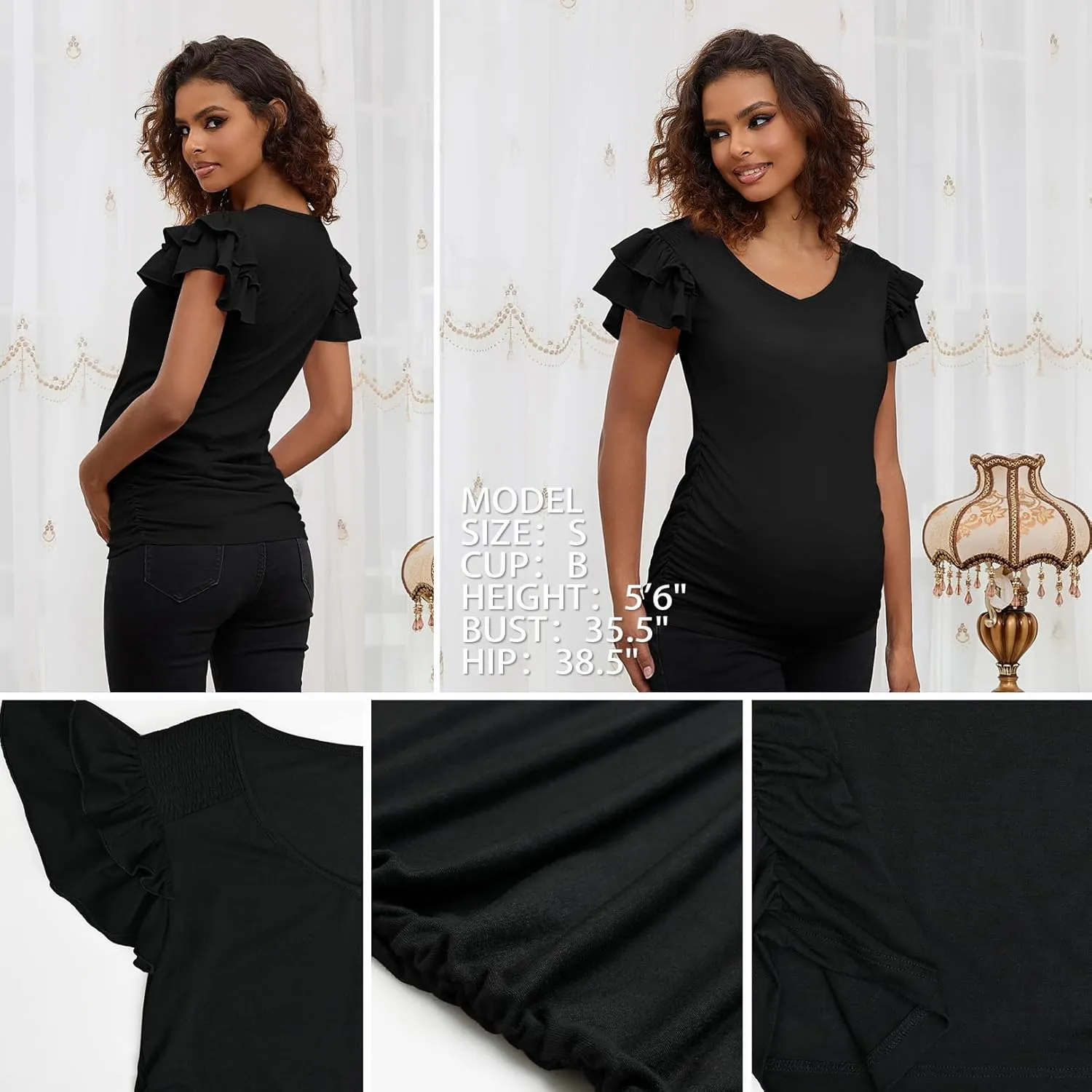 Bhome Maternity Summer Ruffle Tops,Casual Frilled V-Neck Short Sleeve Fitted Blouse Shirts Trendy for Women