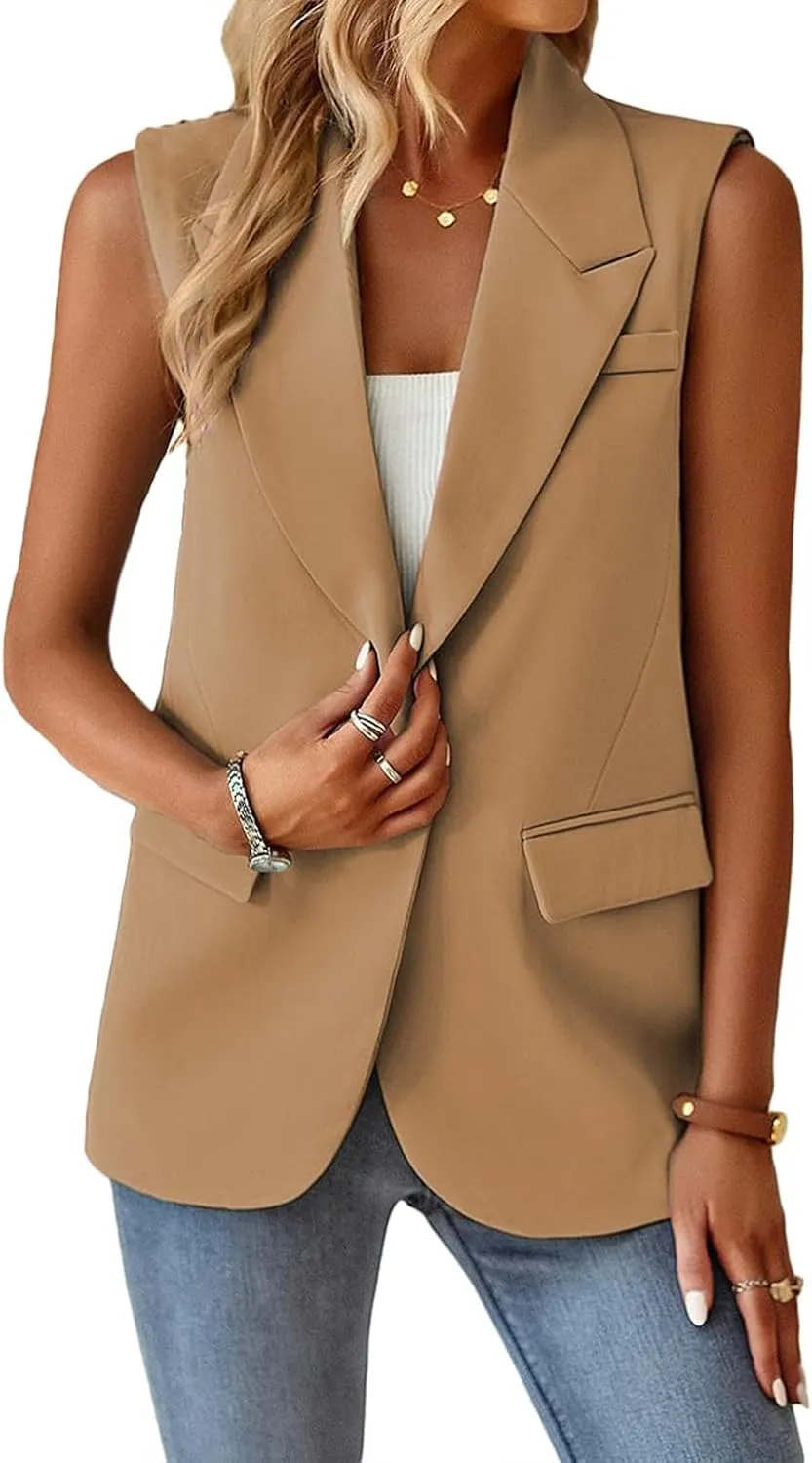 Blazer Vest for Women Sleeveless Vest Tops Open Front Casual Blazer Single Button Work Office Suit Jacket Waistcoat