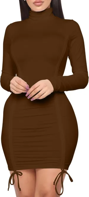 BORIFLORS Women's Turtleneck Long Sleeve Mini Dress Sexy Bodycon Ruched Club Party Short Dresses