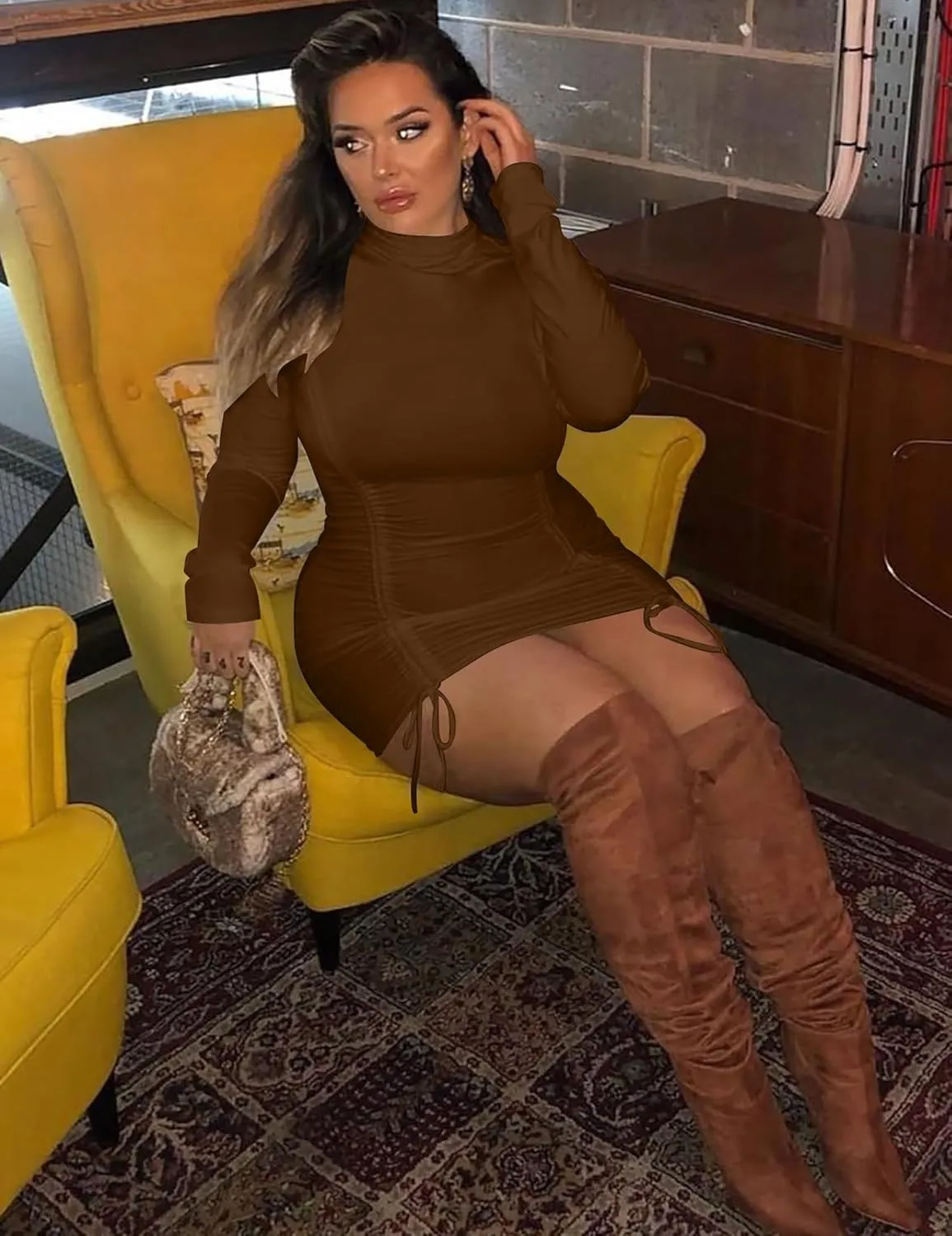 BORIFLORS Women's Turtleneck Long Sleeve Mini Dress Sexy Bodycon Ruched Club Party Short Dresses