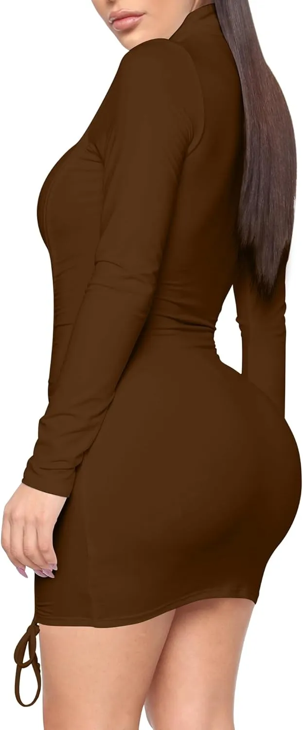 BORIFLORS Women's Turtleneck Long Sleeve Mini Dress Sexy Bodycon Ruched Club Party Short Dresses