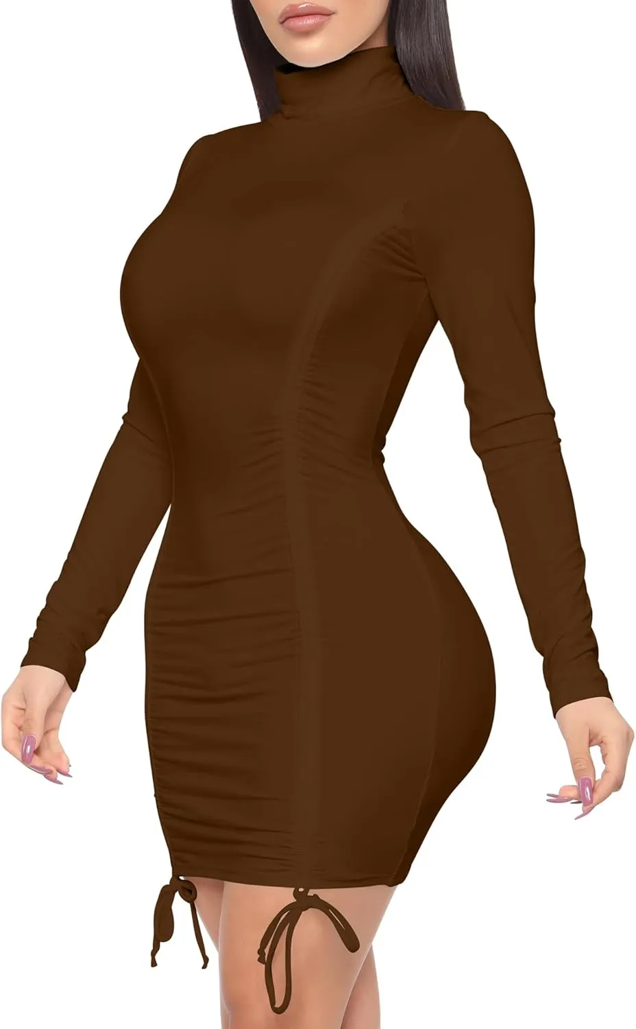BORIFLORS Women's Turtleneck Long Sleeve Mini Dress Sexy Bodycon Ruched Club Party Short Dresses