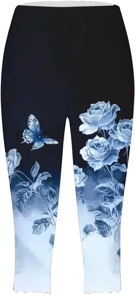 Capri Pants for Women High Waist Tummy Control Floral Printed Leggings Trendy Casual Dressy Comfy Silm Fit Tights