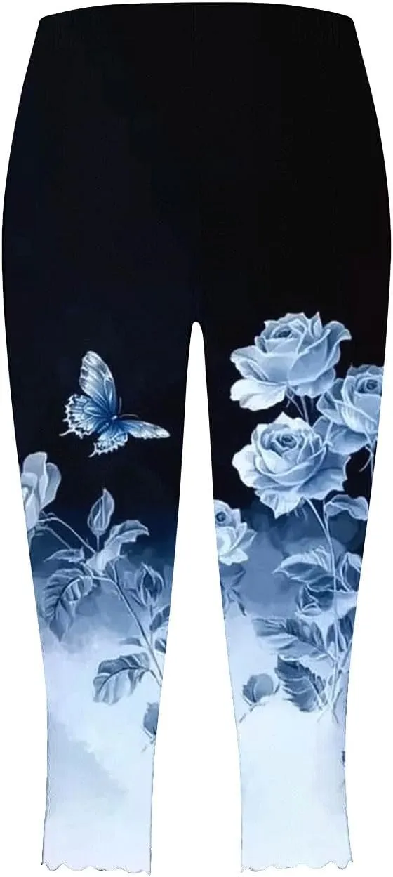 Capri Pants for Women High Waist Tummy Control Floral Printed Leggings Trendy Casual Dressy Comfy Silm Fit Tights