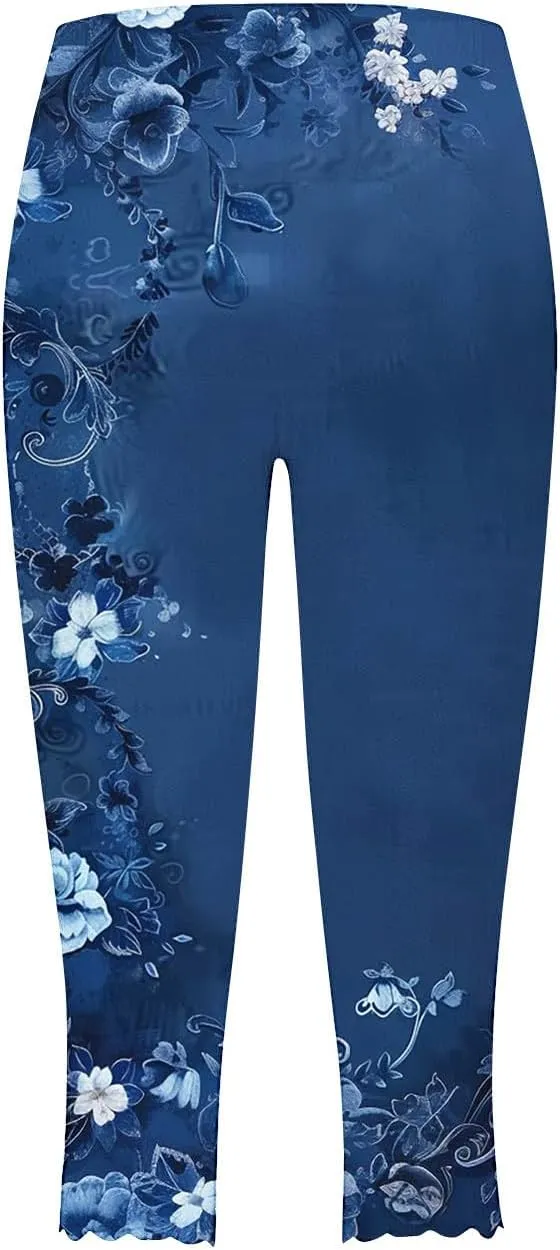 Capri Pants for Women High Waist Tummy Control Floral Printed Leggings Trendy Casual Dressy Comfy Silm Fit Tights