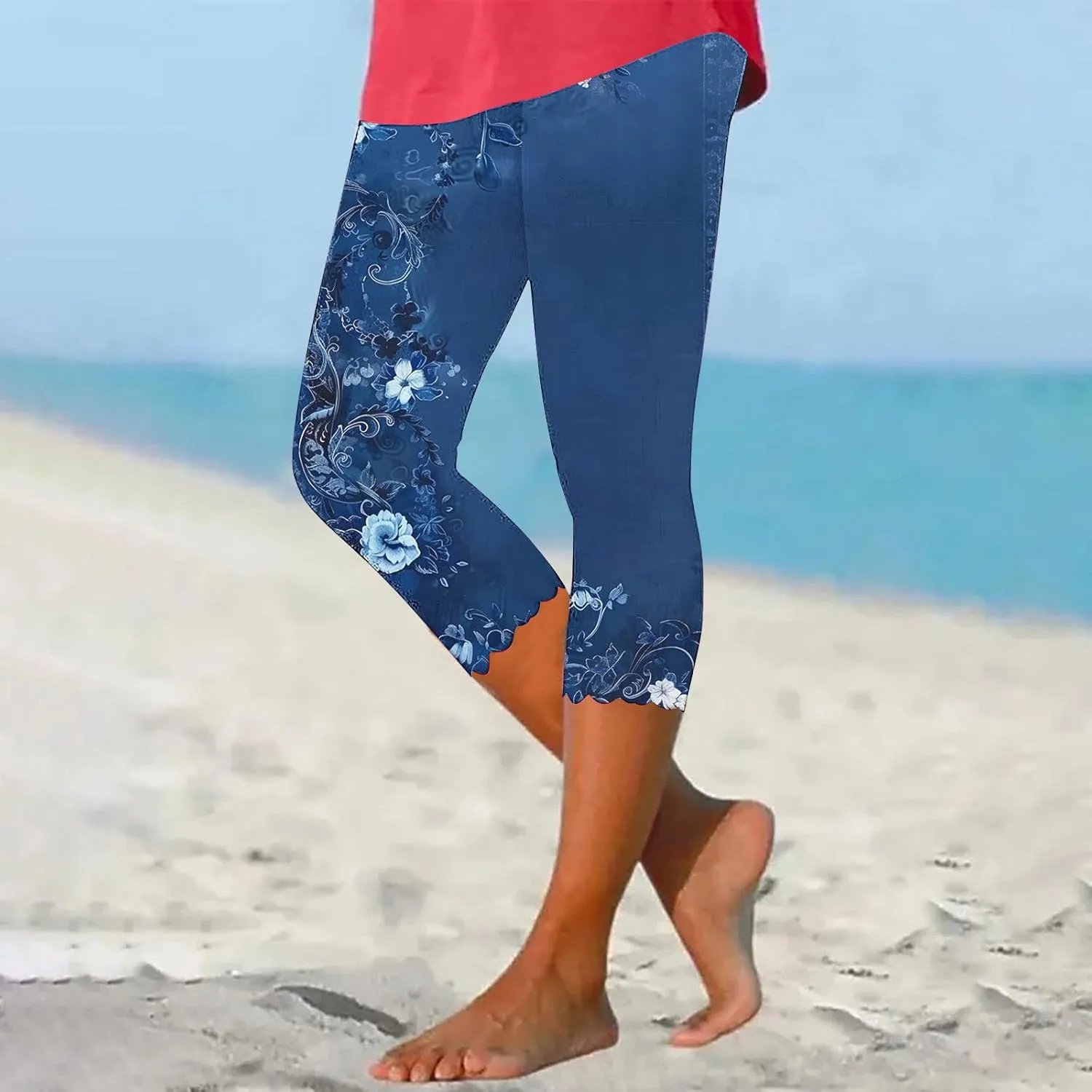 Capri Pants for Women High Waist Tummy Control Floral Printed Leggings Trendy Casual Dressy Comfy Silm Fit Tights
