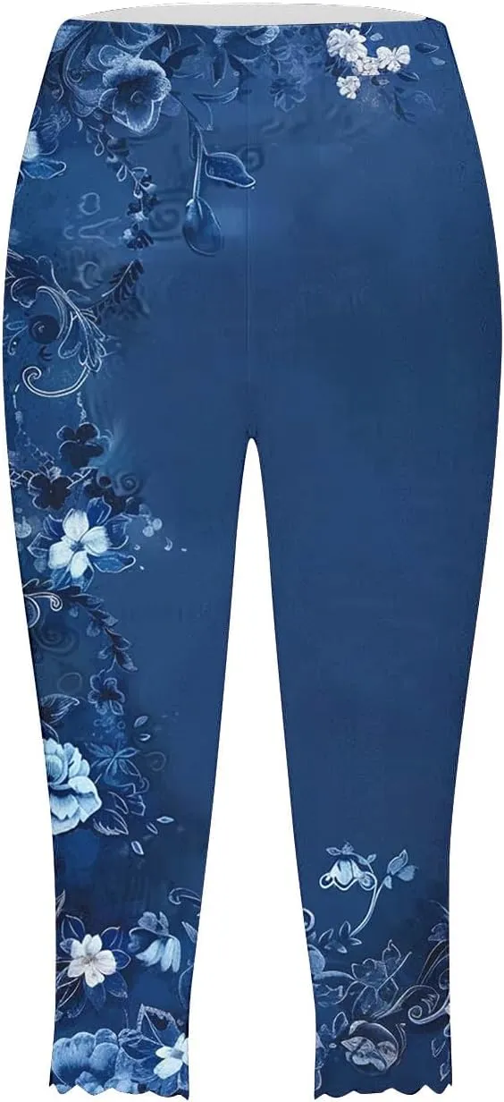 Capri Pants for Women High Waist Tummy Control Floral Printed Leggings Trendy Casual Dressy Comfy Silm Fit Tights