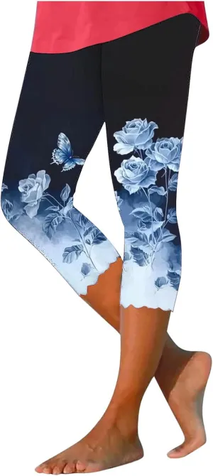 Capri Pants for Women High Waist Tummy Control Floral Printed Leggings Trendy Casual Dressy Comfy Silm Fit Tights