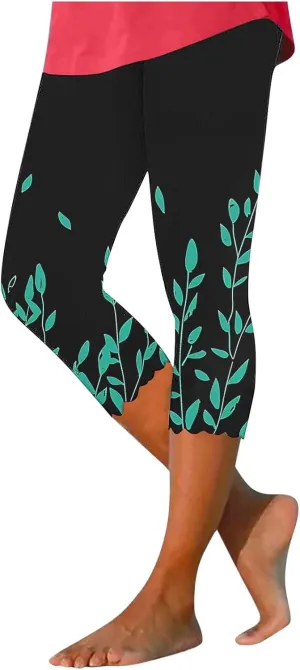 Capri Pants for Women High Waist Tummy Control Floral Printed Leggings Trendy Casual Dressy Comfy Silm Fit Tights
