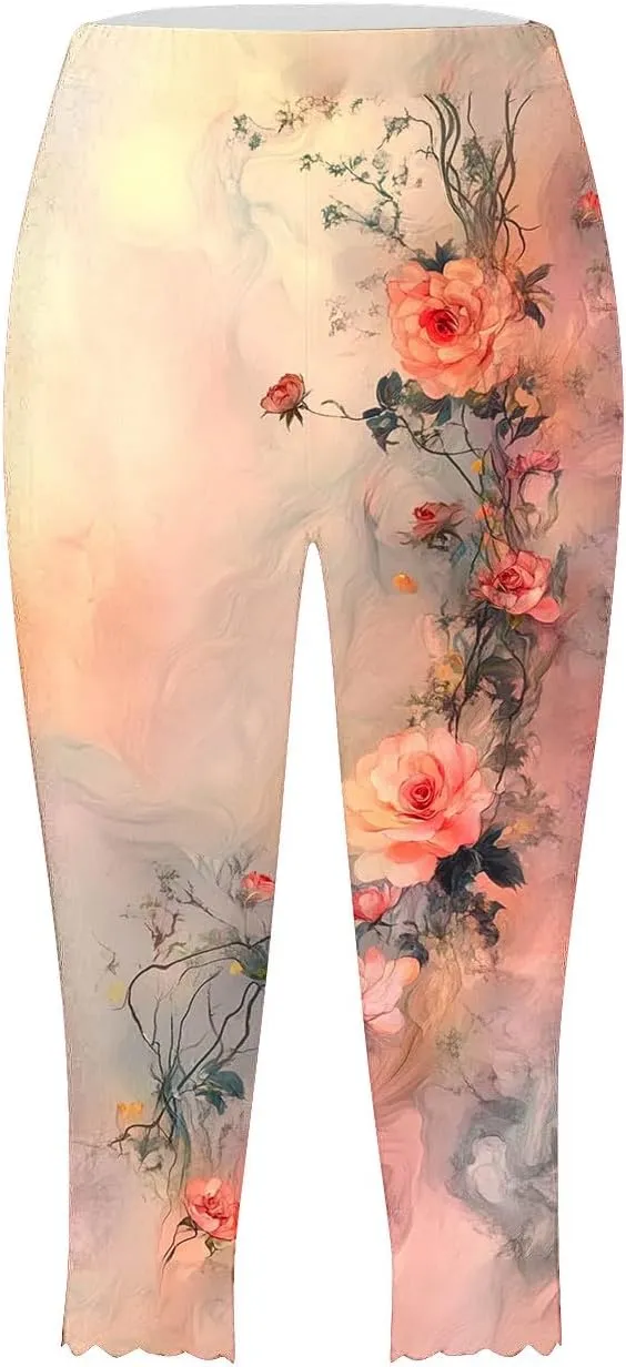 Capri Pants for Women High Waist Tummy Control Floral Printed Leggings Trendy Casual Dressy Comfy Silm Fit Tights