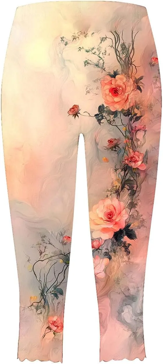 Capri Pants for Women High Waist Tummy Control Floral Printed Leggings Trendy Casual Dressy Comfy Silm Fit Tights