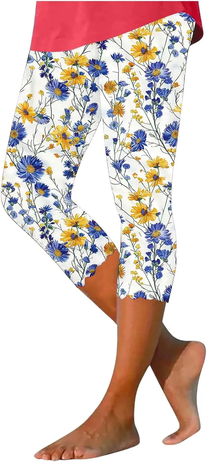 Capri Pants for Women High Waist Tummy Control Floral Printed Leggings Trendy Casual Dressy Comfy Silm Fit Tights