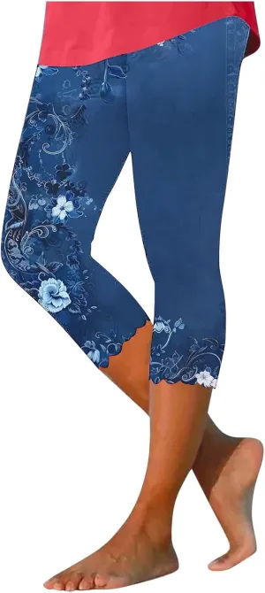 Capri Pants for Women High Waist Tummy Control Floral Printed Leggings Trendy Casual Dressy Comfy Silm Fit Tights
