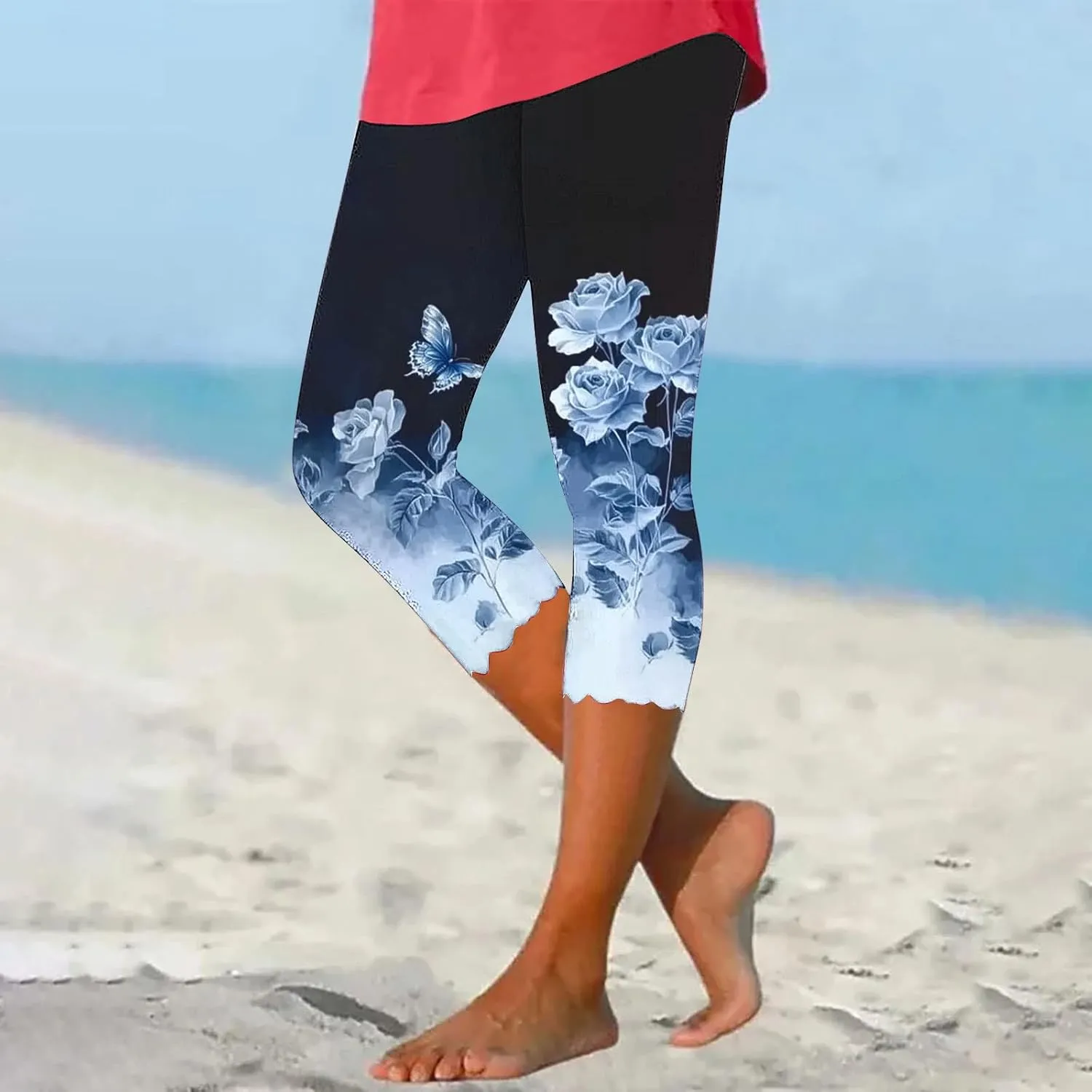 Capri Pants for Women High Waist Tummy Control Floral Printed Leggings Trendy Casual Dressy Comfy Silm Fit Tights