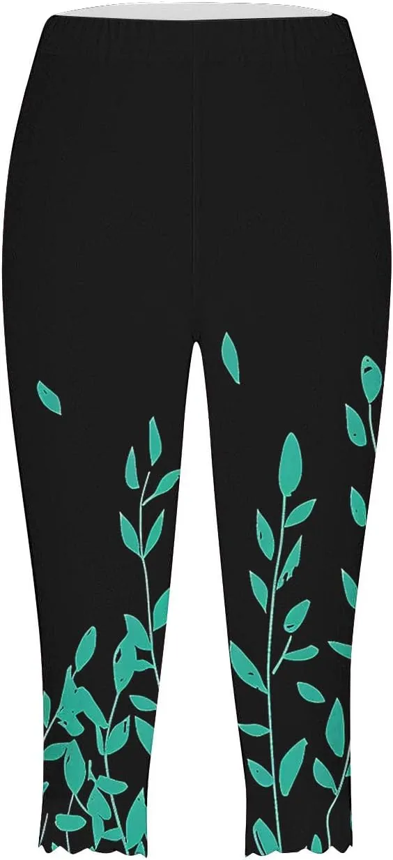 Capri Pants for Women High Waist Tummy Control Floral Printed Leggings Trendy Casual Dressy Comfy Silm Fit Tights