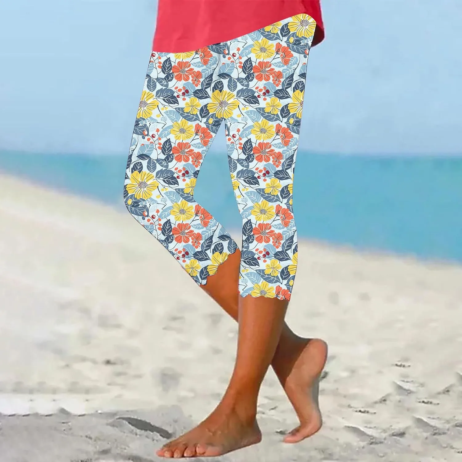 Capri Pants for Women High Waist Tummy Control Floral Printed Leggings Trendy Casual Dressy Comfy Silm Fit Tights