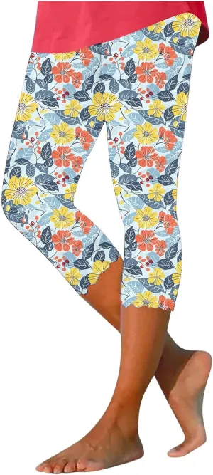 Capri Pants for Women High Waist Tummy Control Floral Printed Leggings Trendy Casual Dressy Comfy Silm Fit Tights