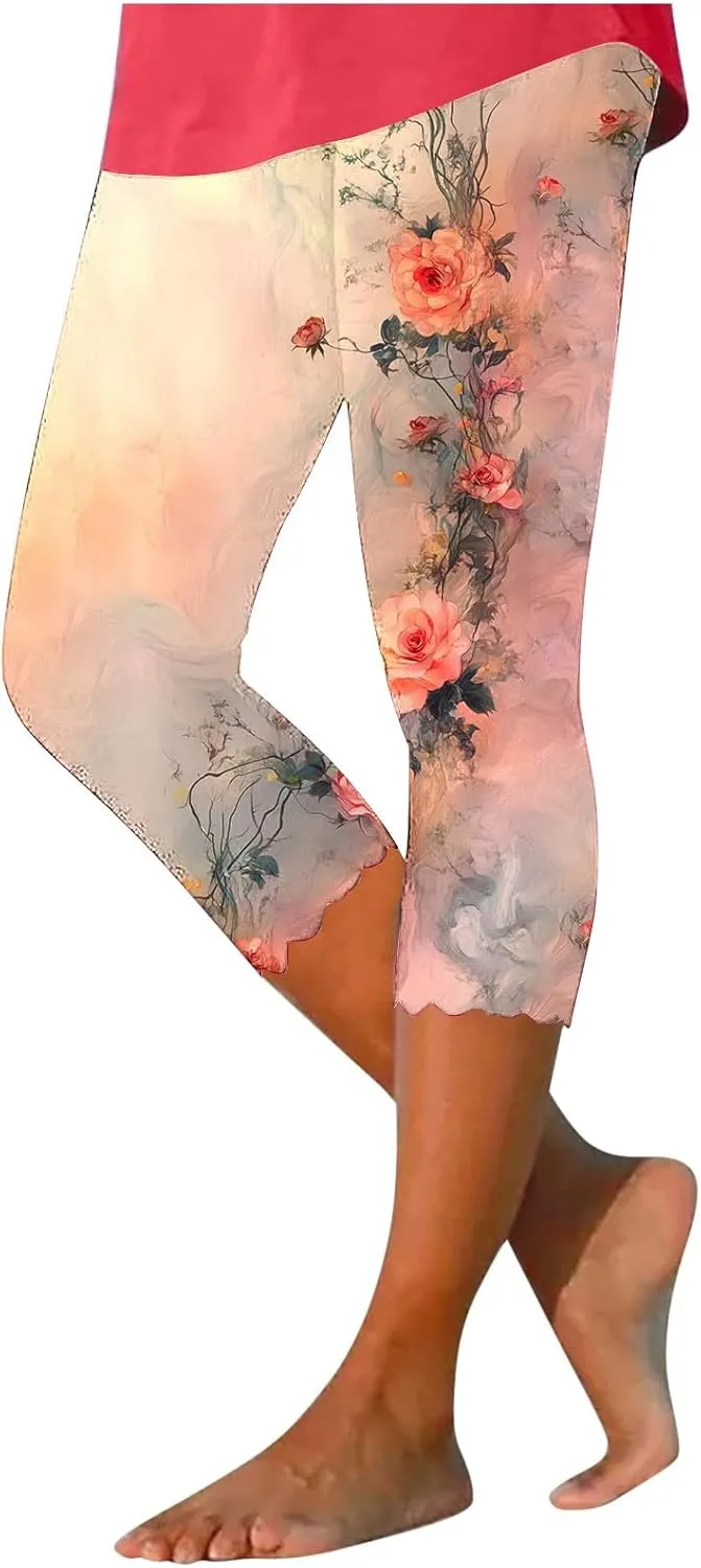 Capri Pants for Women High Waist Tummy Control Floral Printed Leggings Trendy Casual Dressy Comfy Silm Fit Tights