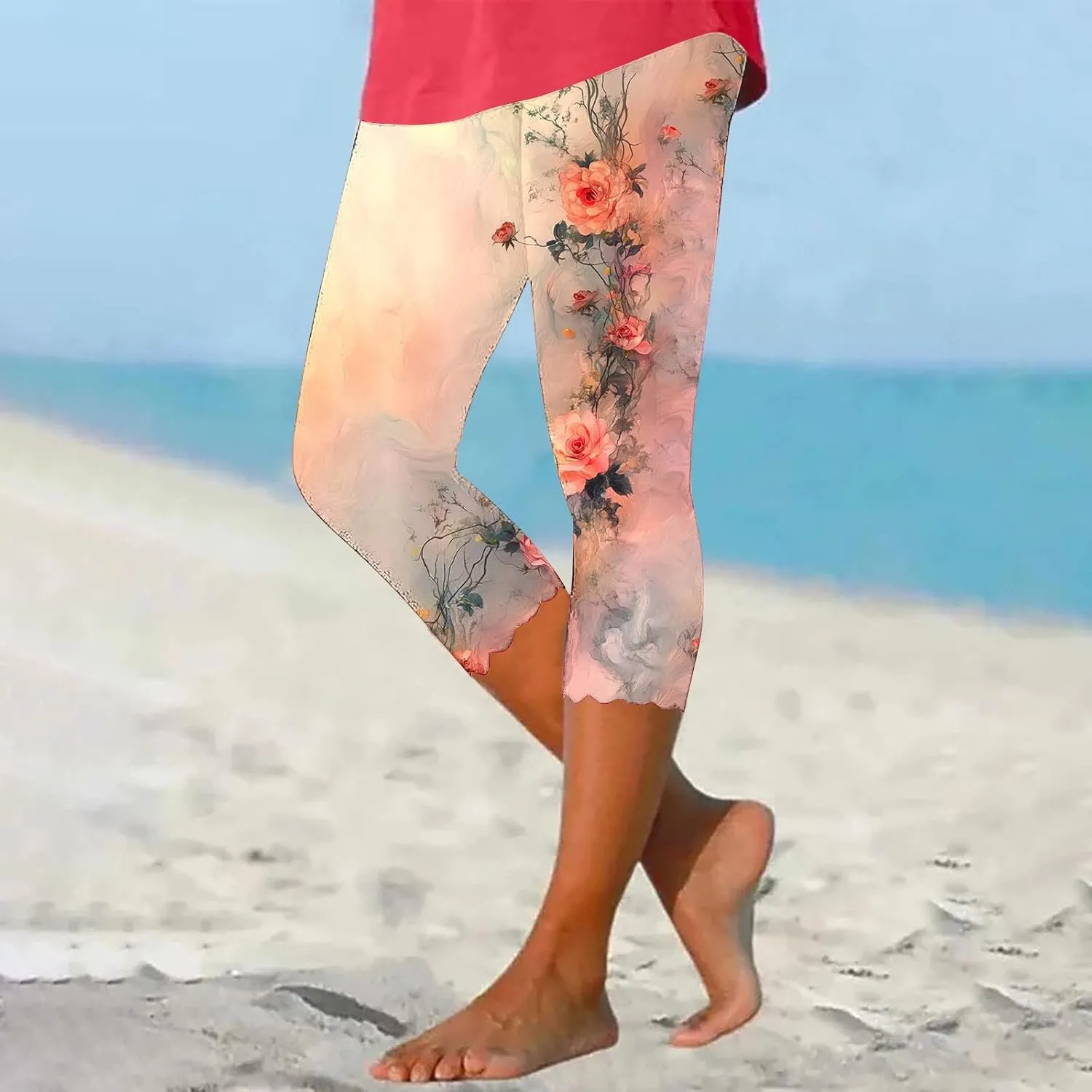Capri Pants for Women High Waist Tummy Control Floral Printed Leggings Trendy Casual Dressy Comfy Silm Fit Tights