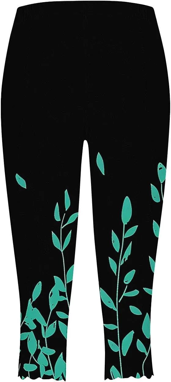 Capri Pants for Women High Waist Tummy Control Floral Printed Leggings Trendy Casual Dressy Comfy Silm Fit Tights