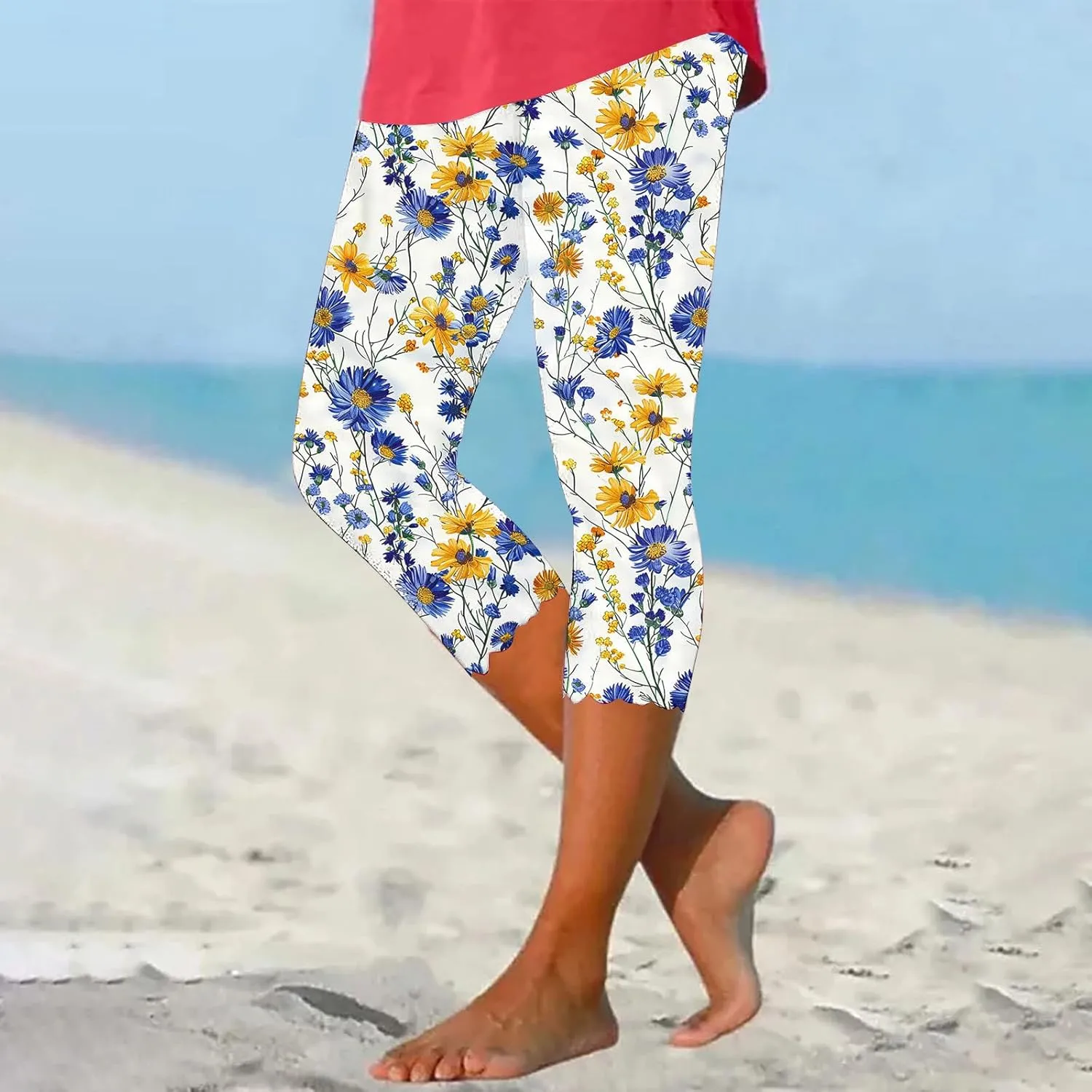 Capri Pants for Women High Waist Tummy Control Floral Printed Leggings Trendy Casual Dressy Comfy Silm Fit Tights