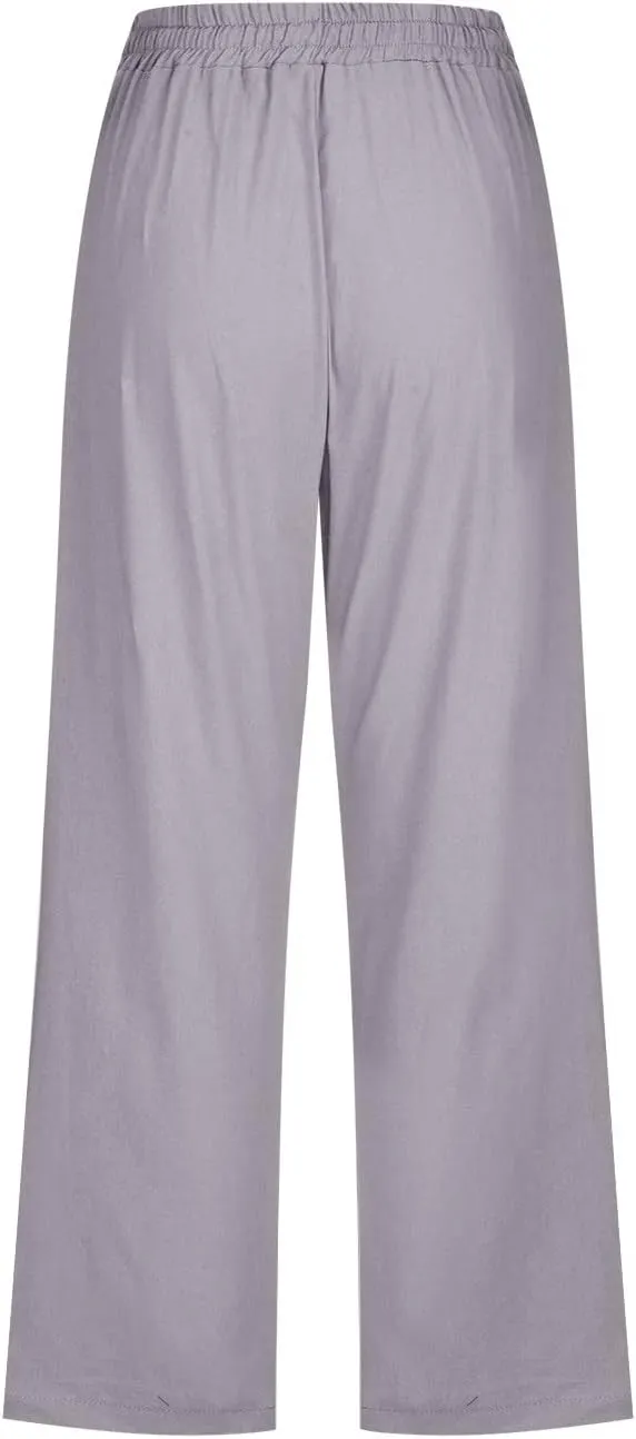 Capris Pants for Women Casual Summer Linen Lounge Palazzo Drawstring High Waisted Wide Leg Cropped Trousers