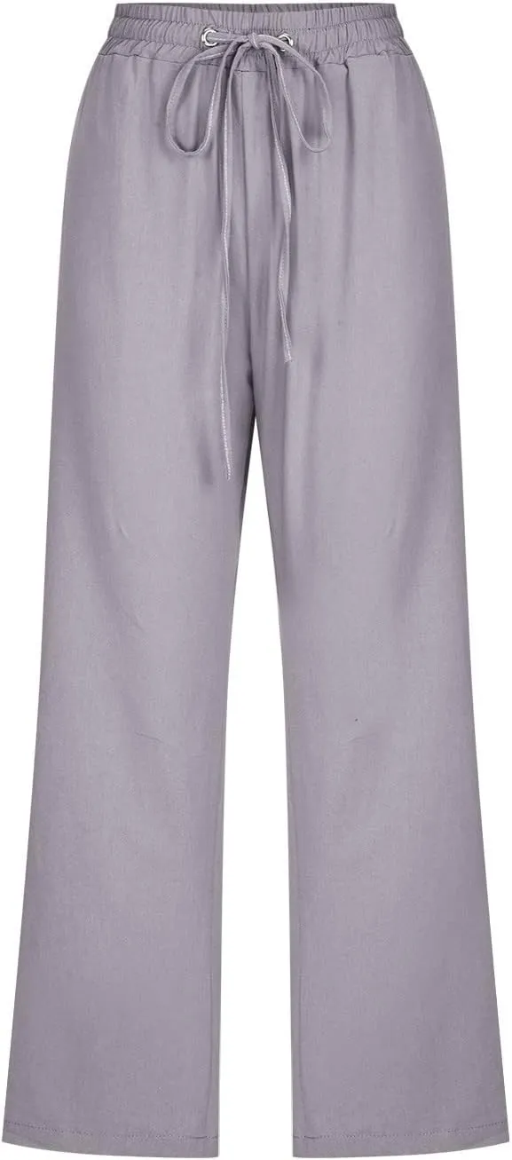 Capris Pants for Women Casual Summer Linen Lounge Palazzo Drawstring High Waisted Wide Leg Cropped Trousers