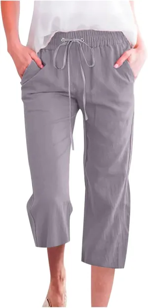 Capris Pants for Women Casual Summer Linen Lounge Palazzo Drawstring High Waisted Wide Leg Cropped Trousers