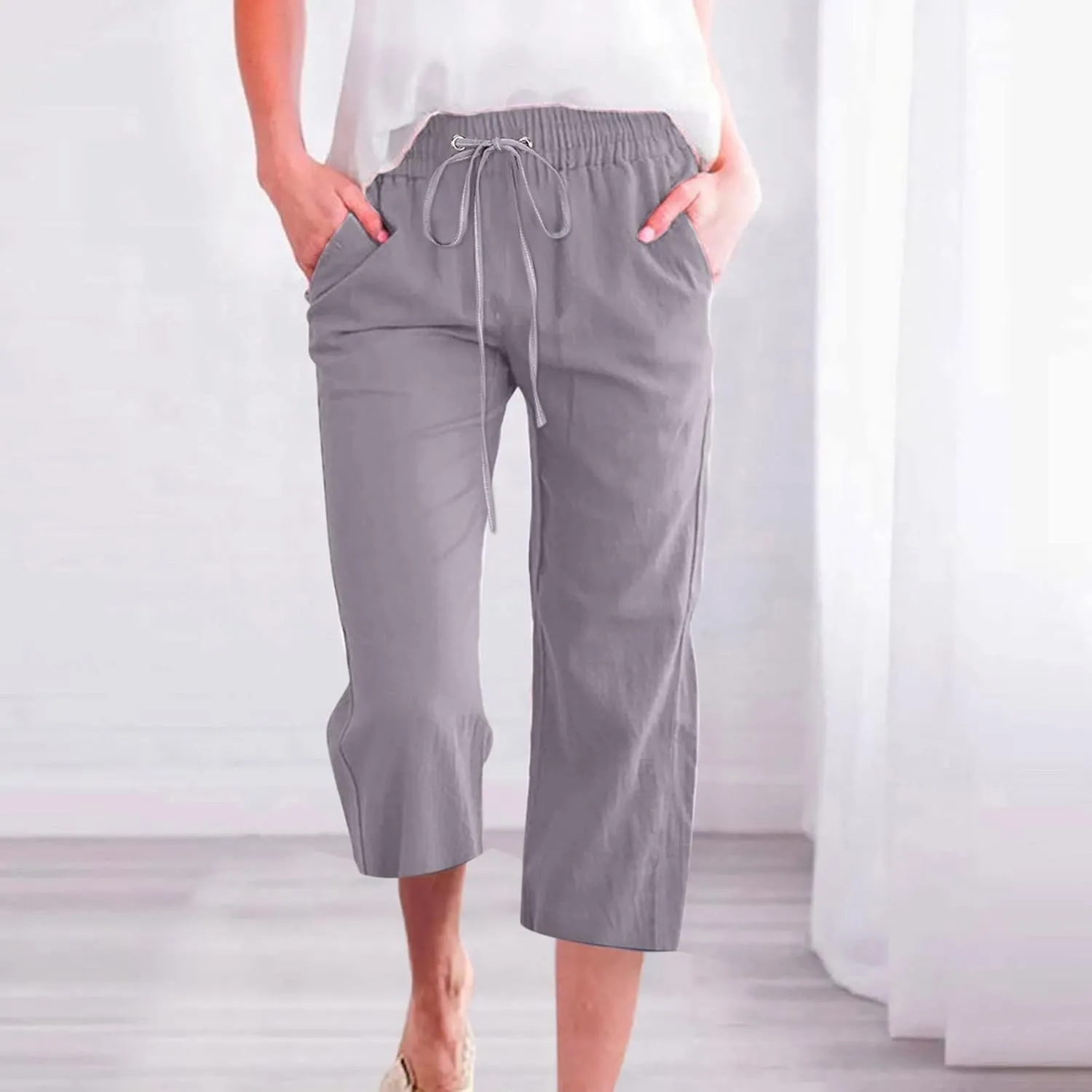 Capris Pants for Women Casual Summer Linen Lounge Palazzo Drawstring High Waisted Wide Leg Cropped Trousers