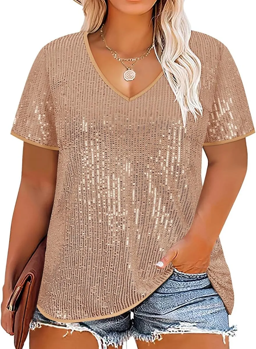 CARCOS Plus Size Sequin Top for Women Short Sleeve Party Blouse Evening Sparkle Shimmer V Neck Glitter Shirt Ladies XL-5XL