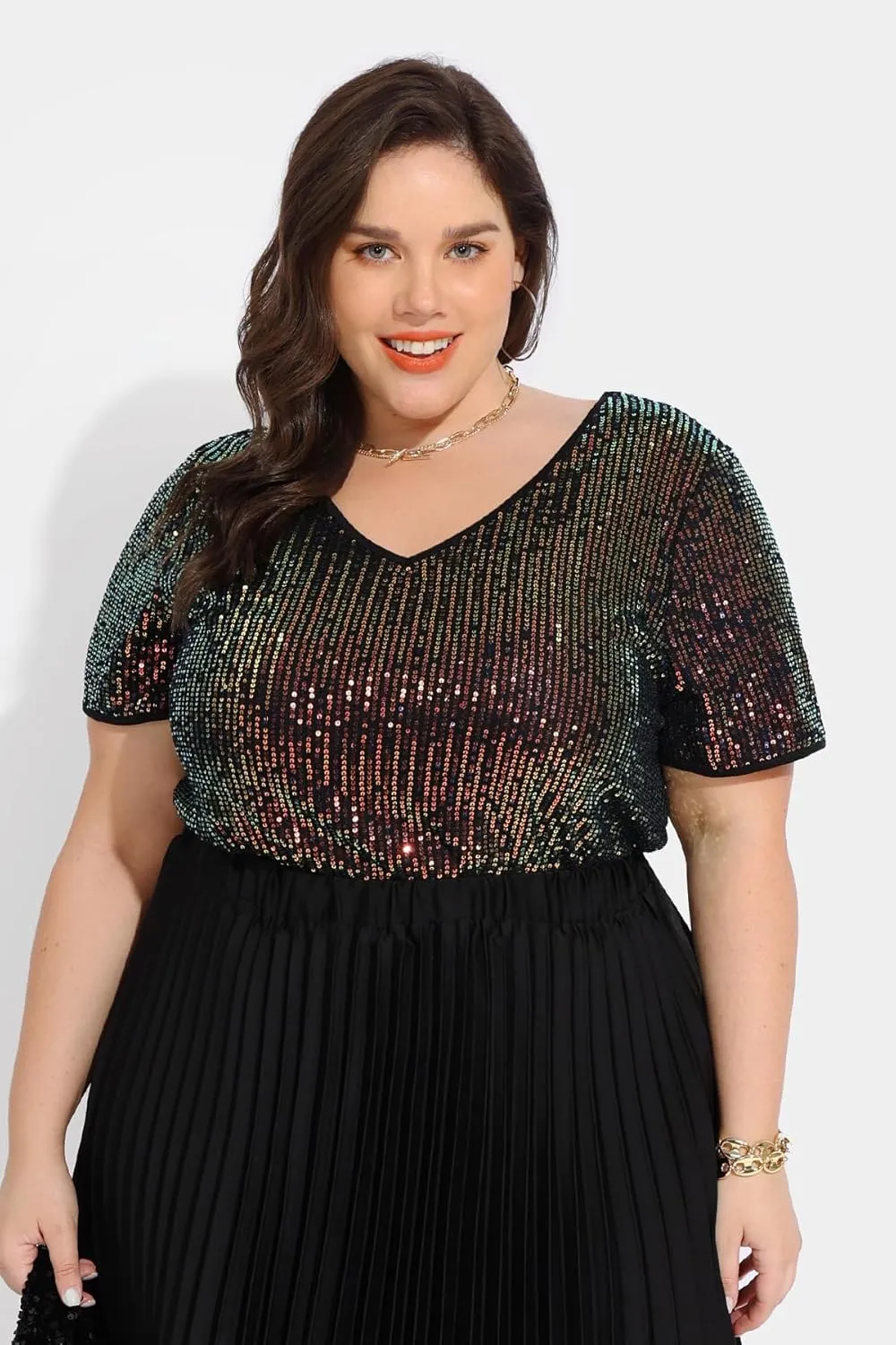 CARCOS Plus Size Sequin Top for Women Short Sleeve Party Blouse Evening Sparkle Shimmer V Neck Glitter Shirt Ladies XL-5XL