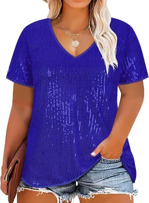 CARCOS Plus Size Sequin Top for Women Short Sleeve Party Blouse Evening Sparkle Shimmer V Neck Glitter Shirt Ladies XL-5XL