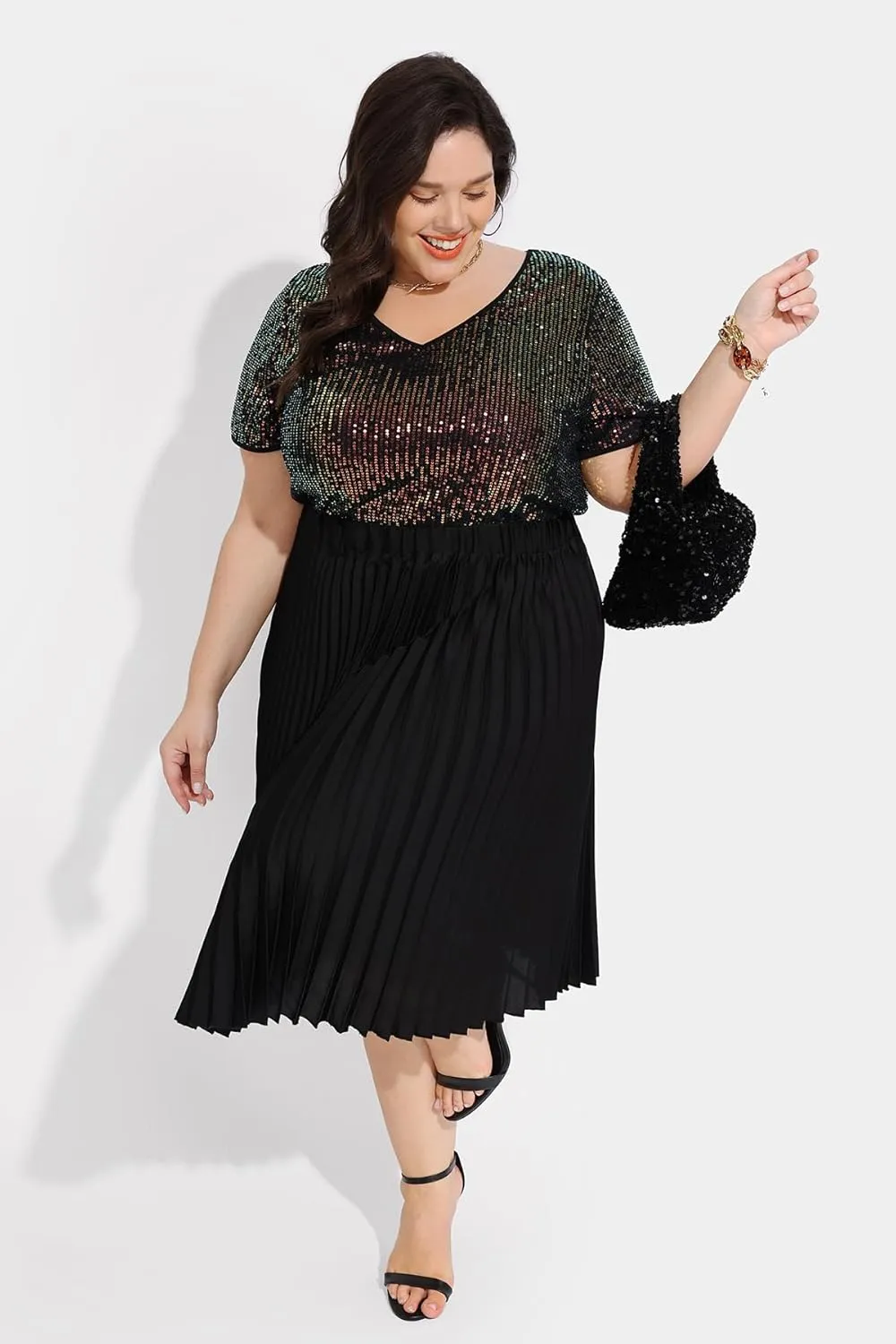 CARCOS Plus Size Sequin Top for Women Short Sleeve Party Blouse Evening Sparkle Shimmer V Neck Glitter Shirt Ladies XL-5XL