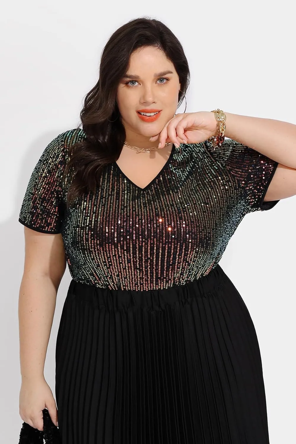 CARCOS Plus Size Sequin Top for Women Short Sleeve Party Blouse Evening Sparkle Shimmer V Neck Glitter Shirt Ladies XL-5XL