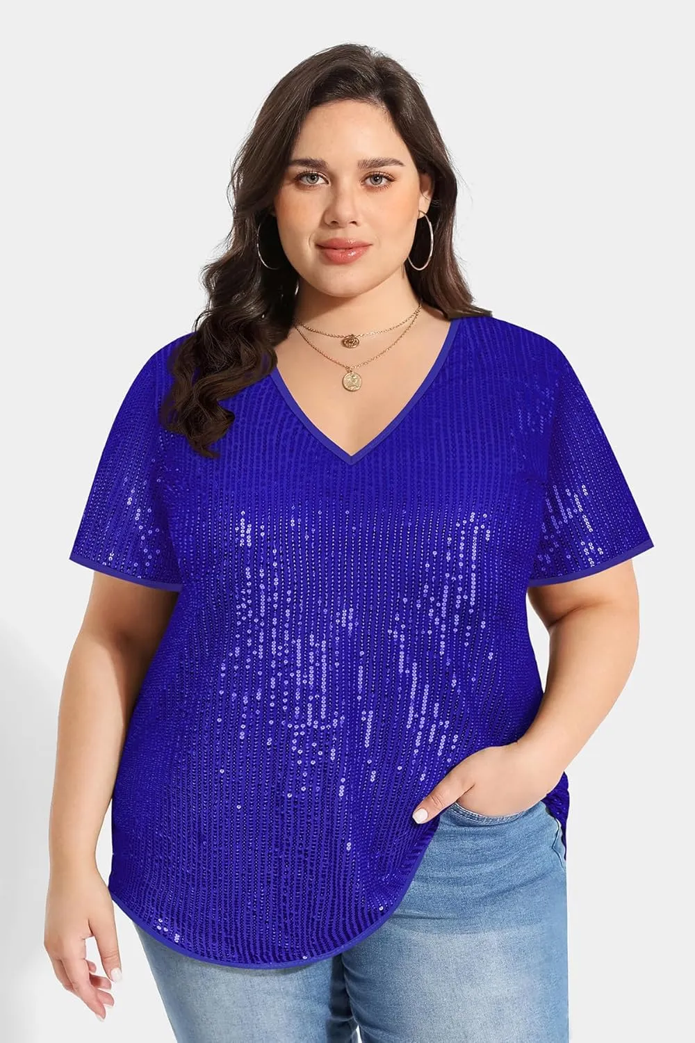 CARCOS Plus Size Sequin Top for Women Short Sleeve Party Blouse Evening Sparkle Shimmer V Neck Glitter Shirt Ladies XL-5XL