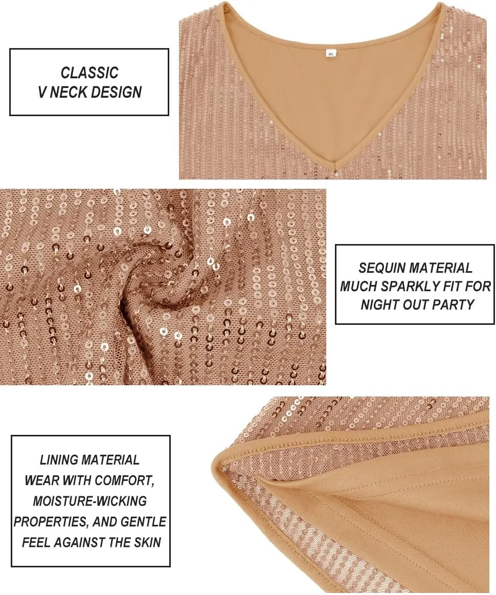 CARCOS Plus Size Sequin Top for Women Short Sleeve Party Blouse Evening Sparkle Shimmer V Neck Glitter Shirt Ladies XL-5XL
