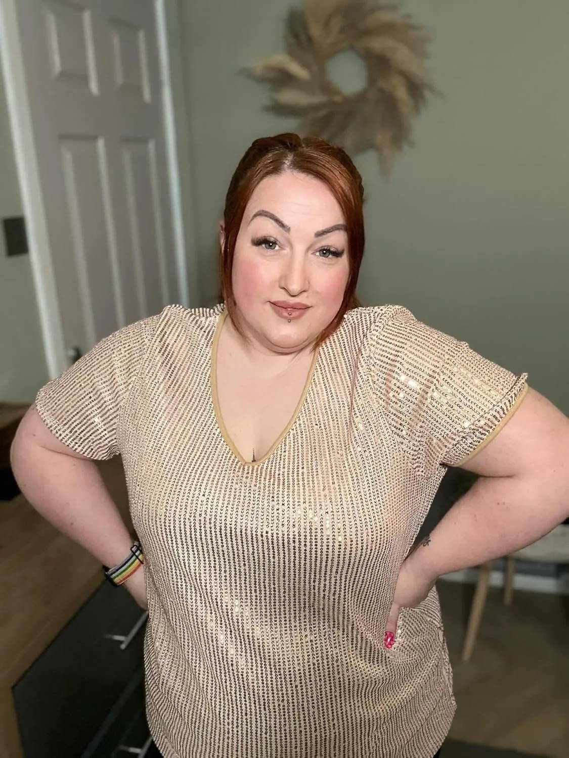 CARCOS Plus Size Sequin Top for Women Short Sleeve Party Blouse Evening Sparkle Shimmer V Neck Glitter Shirt Ladies XL-5XL