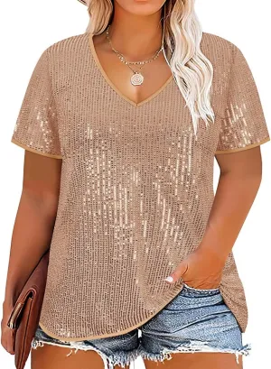CARCOS Plus Size Sequin Top for Women Short Sleeve Party Blouse Evening Sparkle Shimmer V Neck Glitter Shirt Ladies XL-5XL