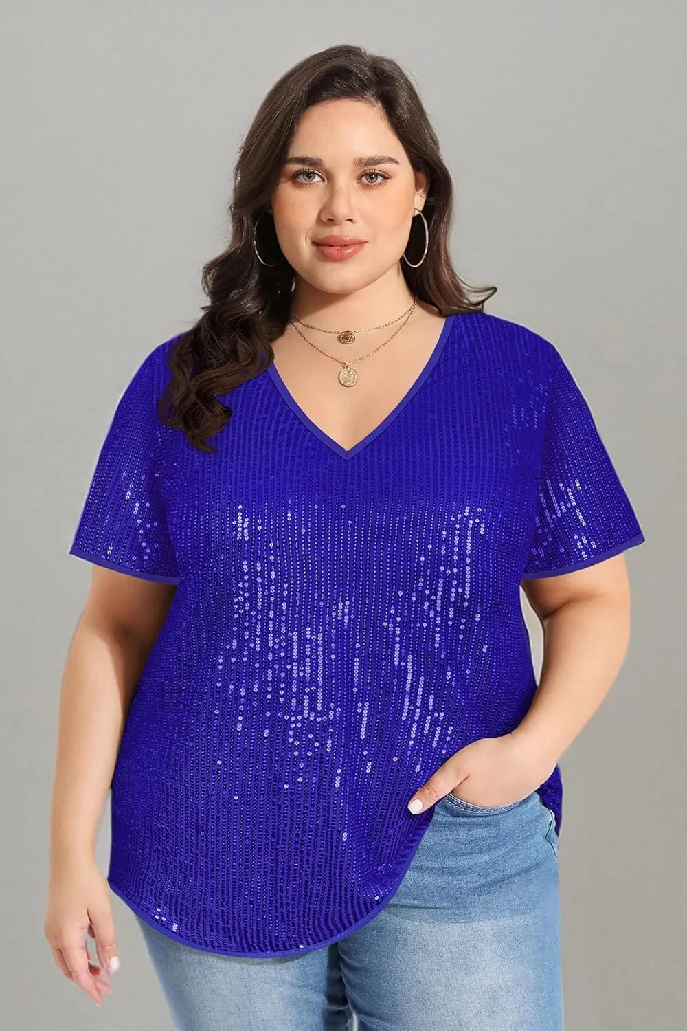 CARCOS Plus Size Sequin Top for Women Short Sleeve Party Blouse Evening Sparkle Shimmer V Neck Glitter Shirt Ladies XL-5XL