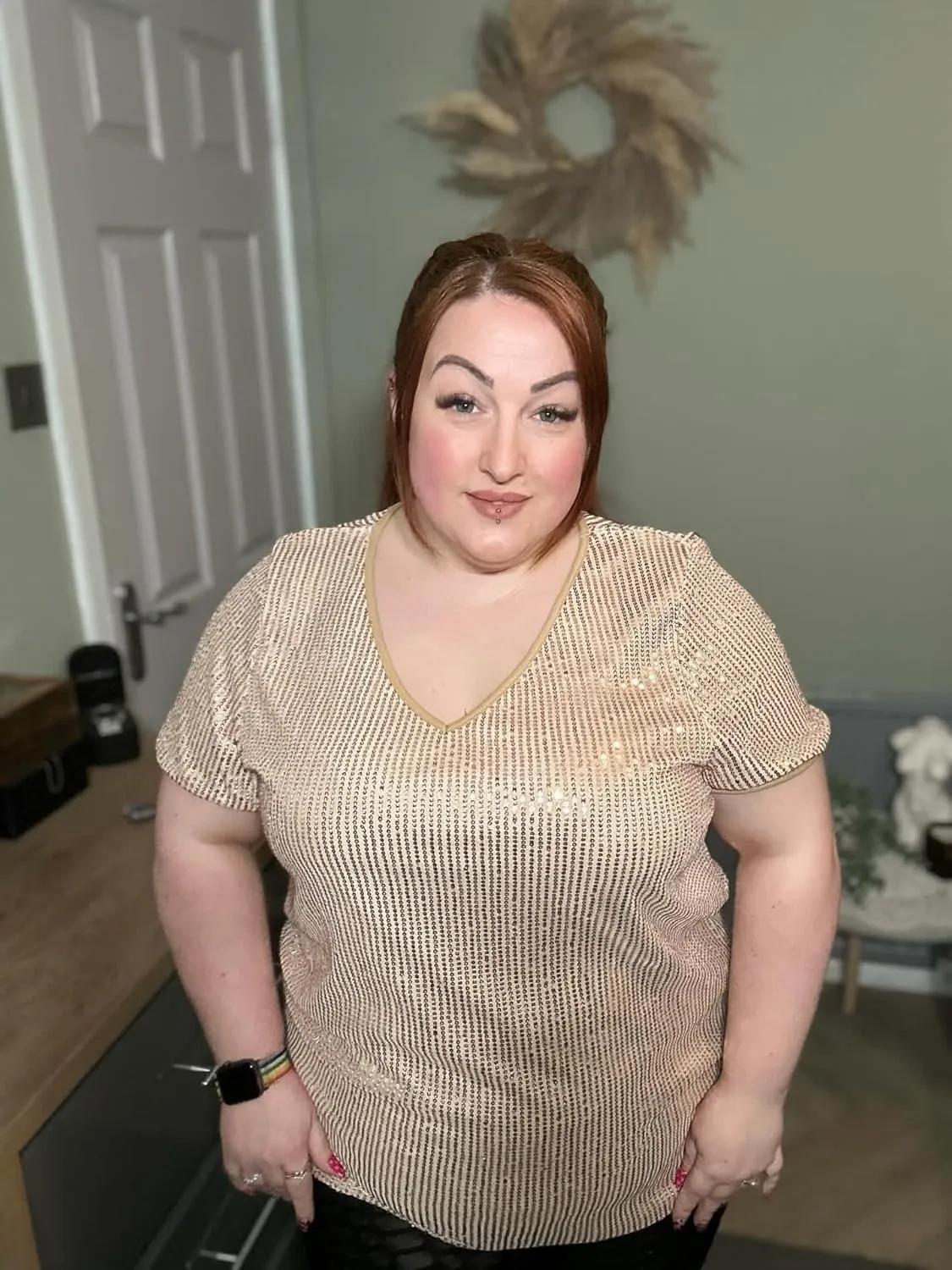CARCOS Plus Size Sequin Top for Women Short Sleeve Party Blouse Evening Sparkle Shimmer V Neck Glitter Shirt Ladies XL-5XL