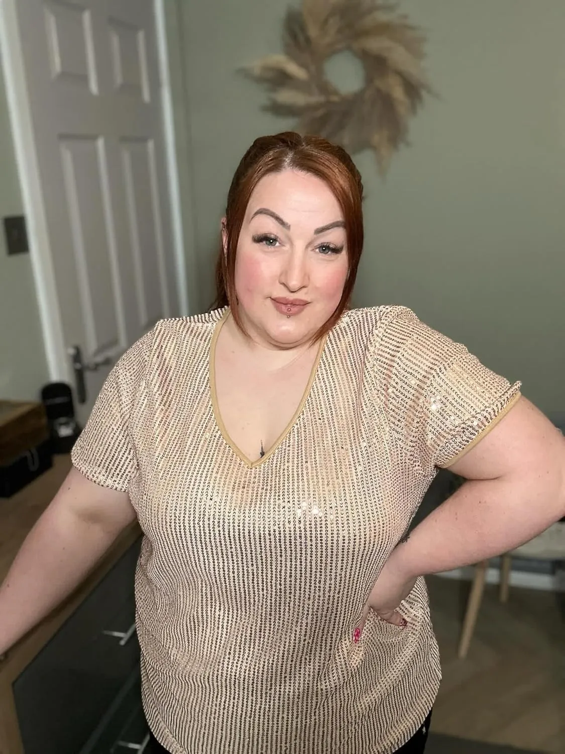 CARCOS Plus Size Sequin Top for Women Short Sleeve Party Blouse Evening Sparkle Shimmer V Neck Glitter Shirt Ladies XL-5XL
