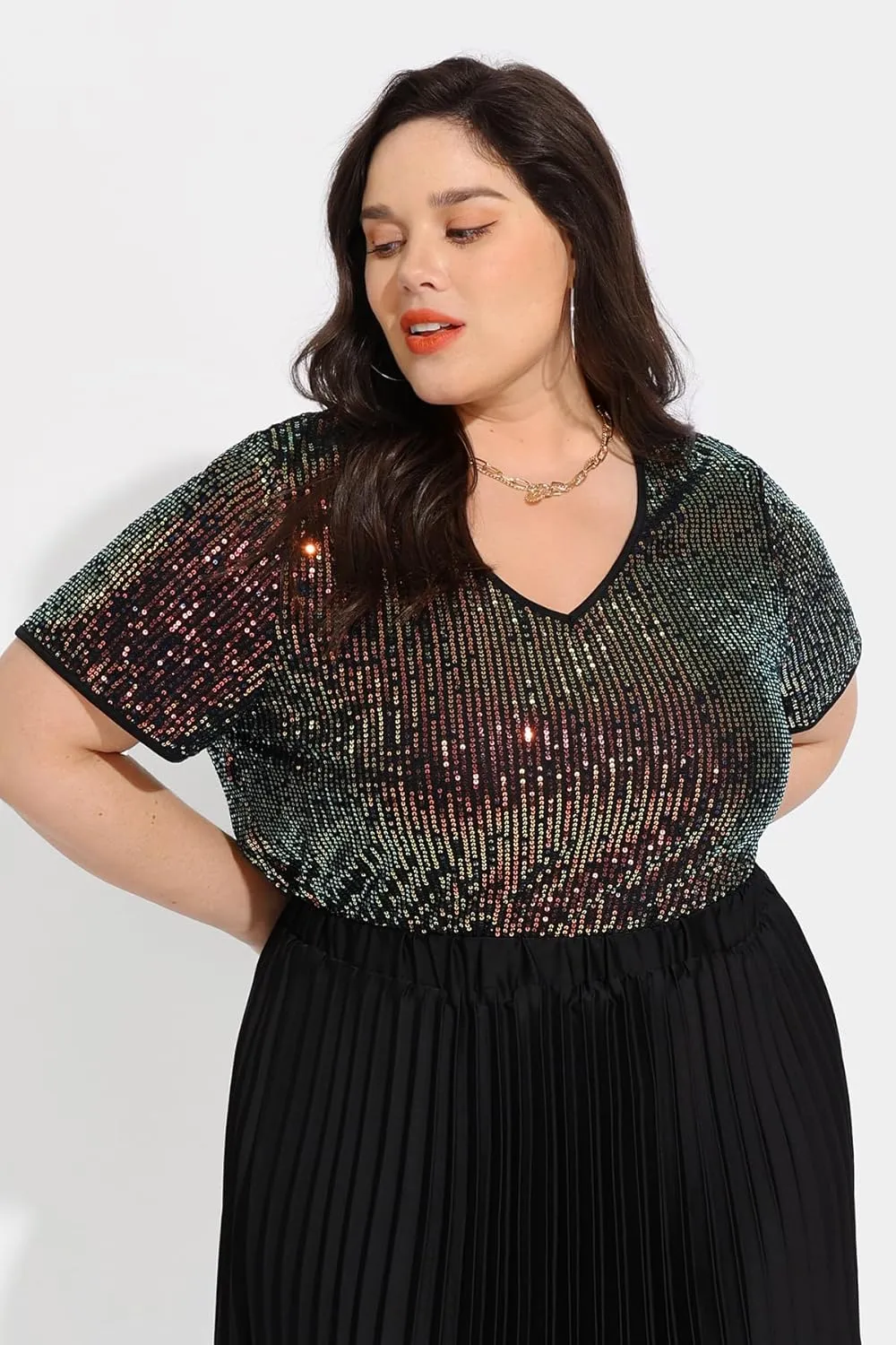 CARCOS Plus Size Sequin Top for Women Short Sleeve Party Blouse Evening Sparkle Shimmer V Neck Glitter Shirt Ladies XL-5XL